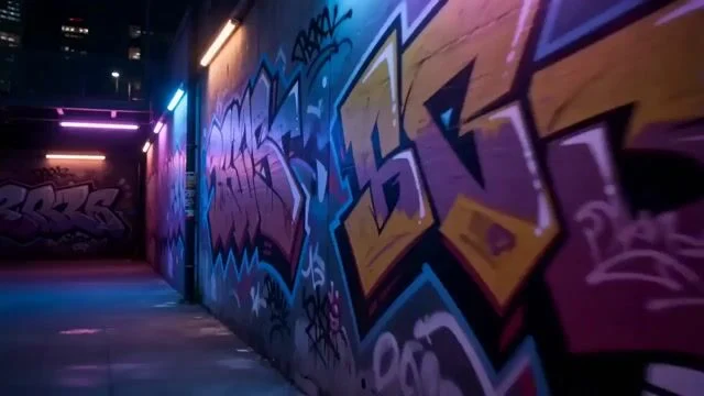 Silver-haired elderly rapper performs under neon street lights