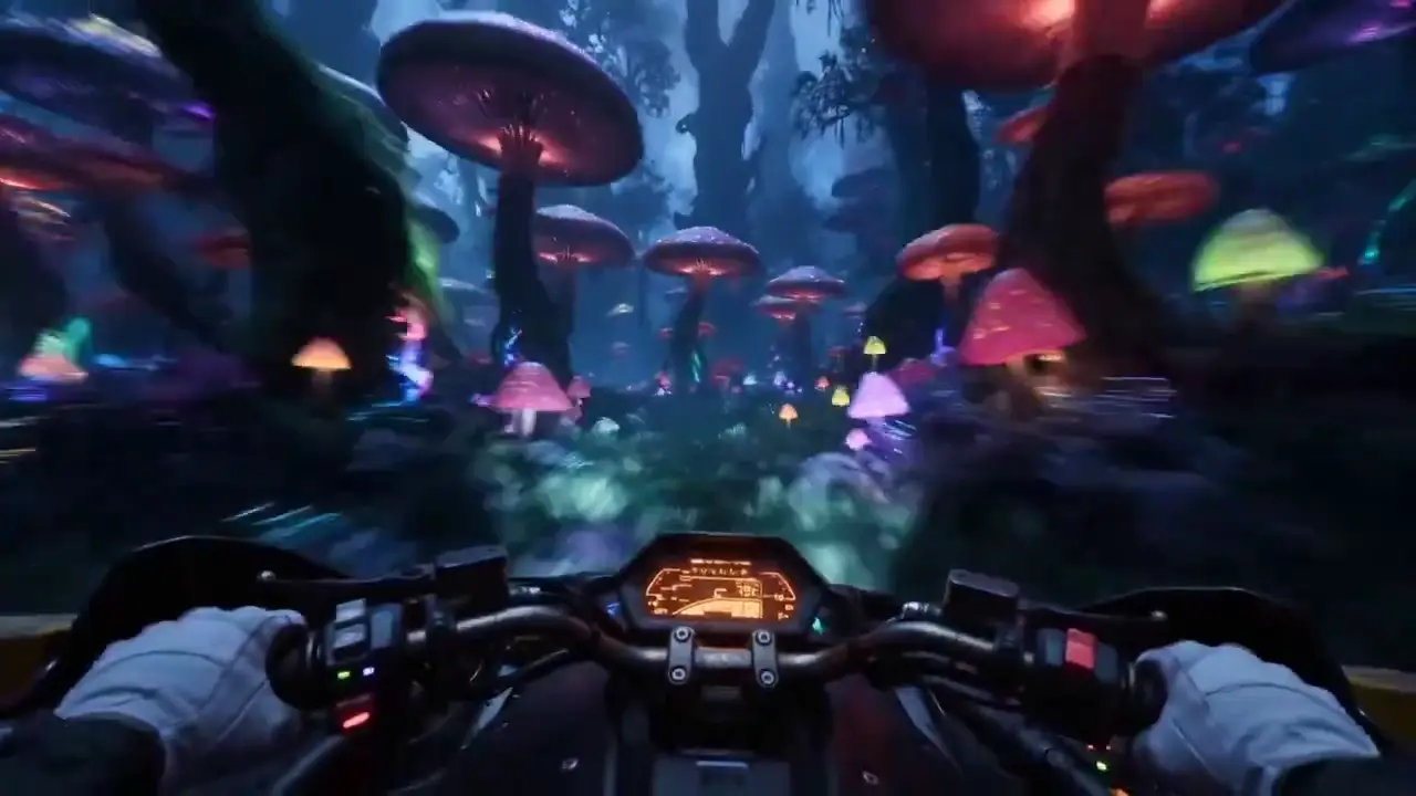 First-person hoverbike ride through a glowing alien jungle