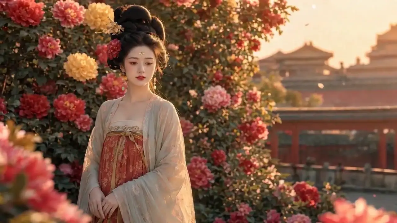 Tang dynasty performer moves naturally beside peony flowers at sunset