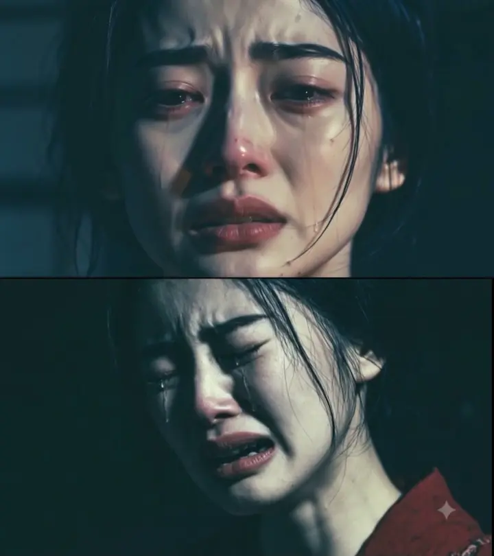 Japanese animation close-up shows a grieving woman in a dim room