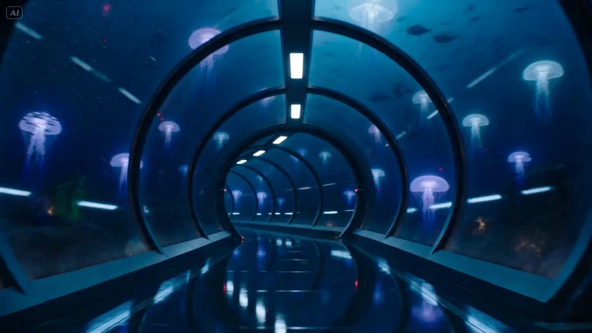 Vorschau zum Seedance 2.0 Video-Prompt: Action-Sequenz im Unterwasser-Glastunnel