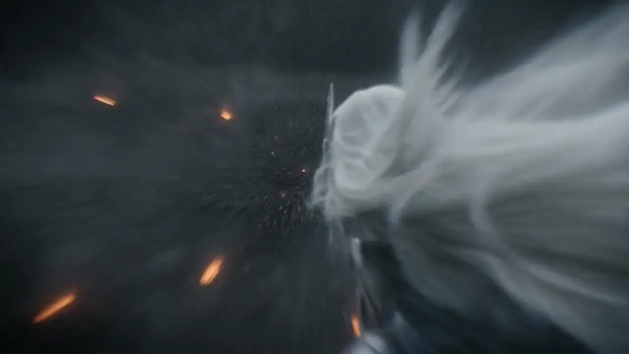 Valkyrie warrior descends through a storm onto a dark battlefield