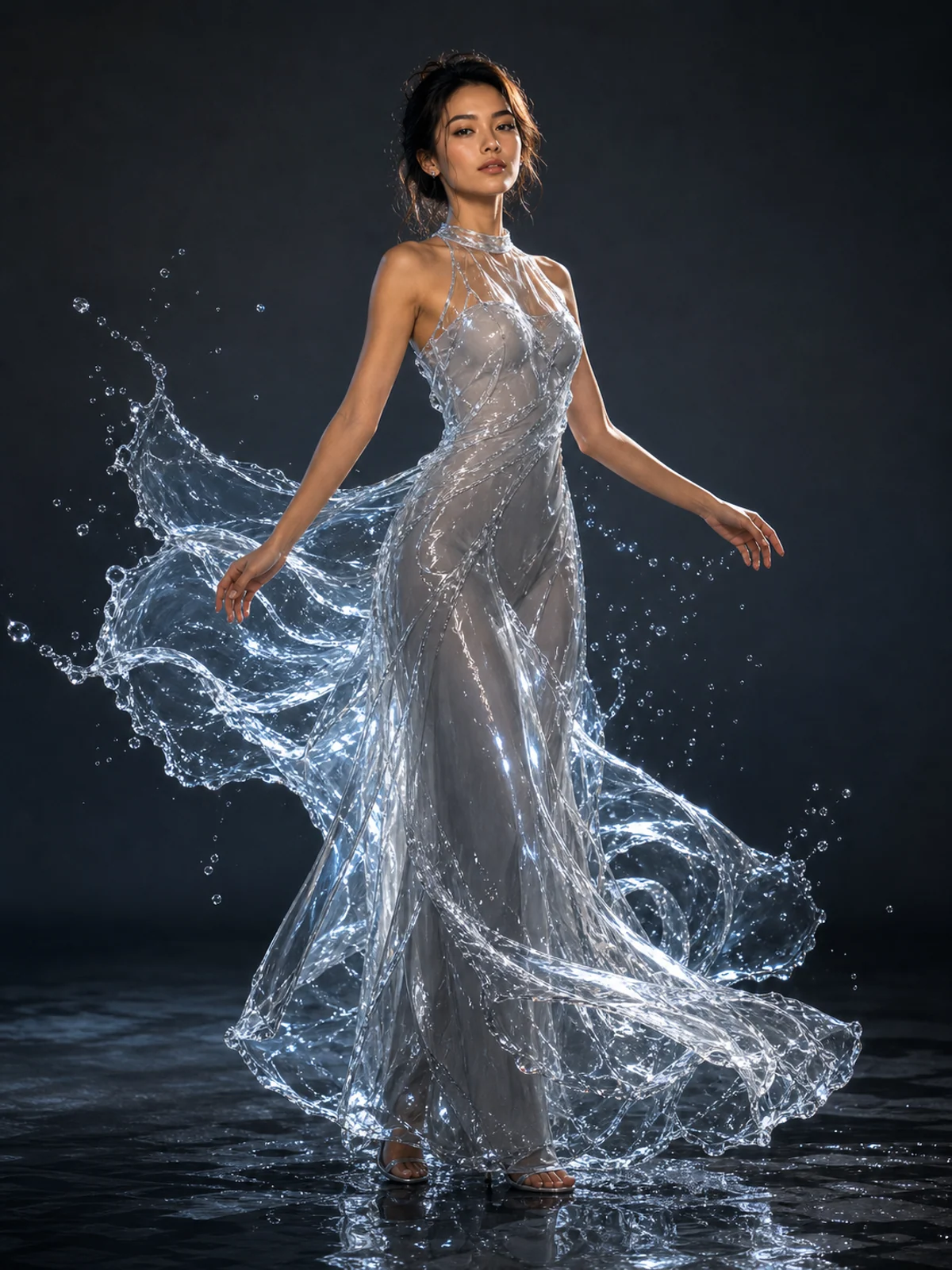 Liquid water dress material edit generated by Video Studio AI with Seedream 4.5