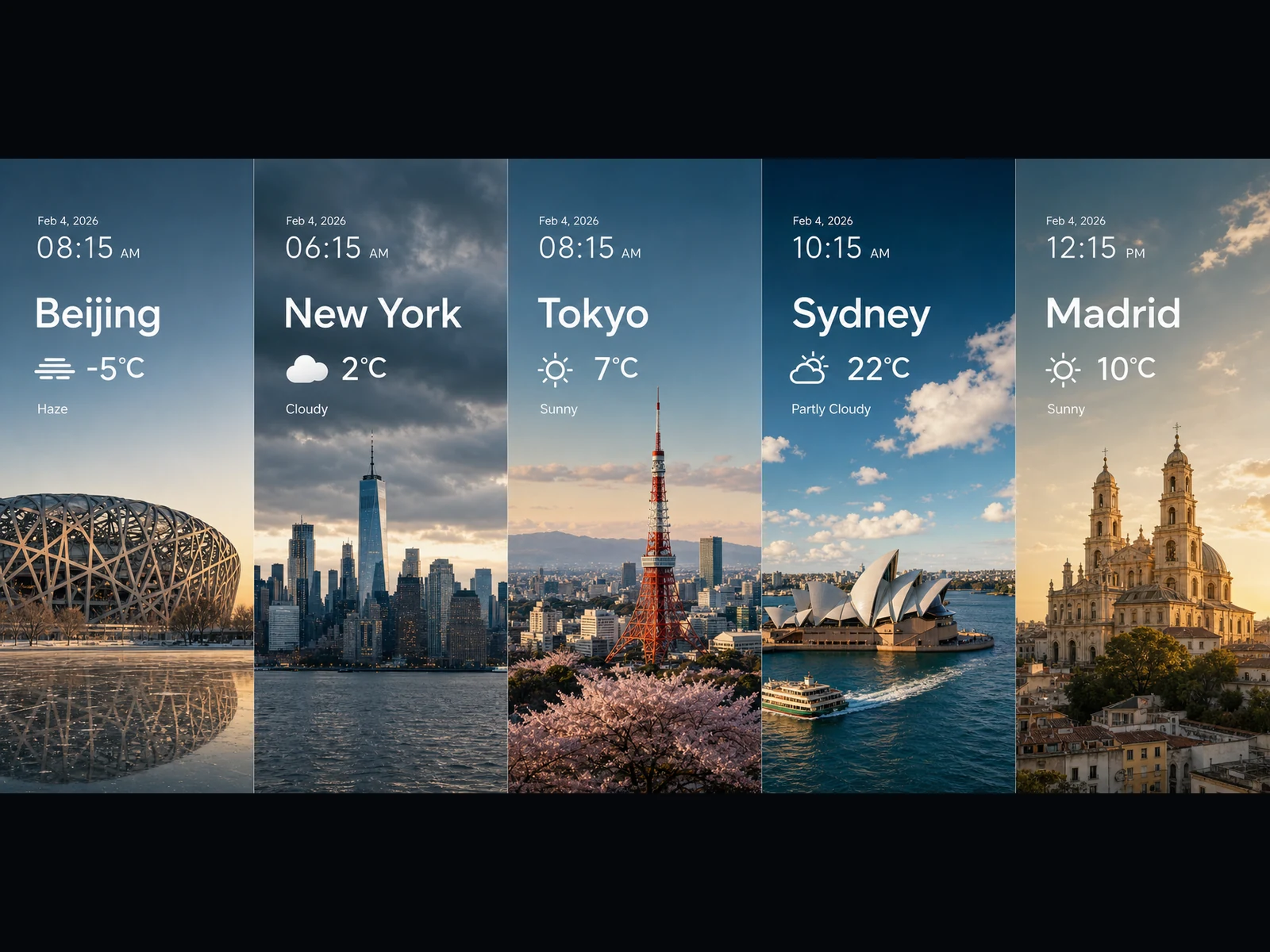 Five-city weather composite generated by Video Studio AI with Seedream 5.0 Lite