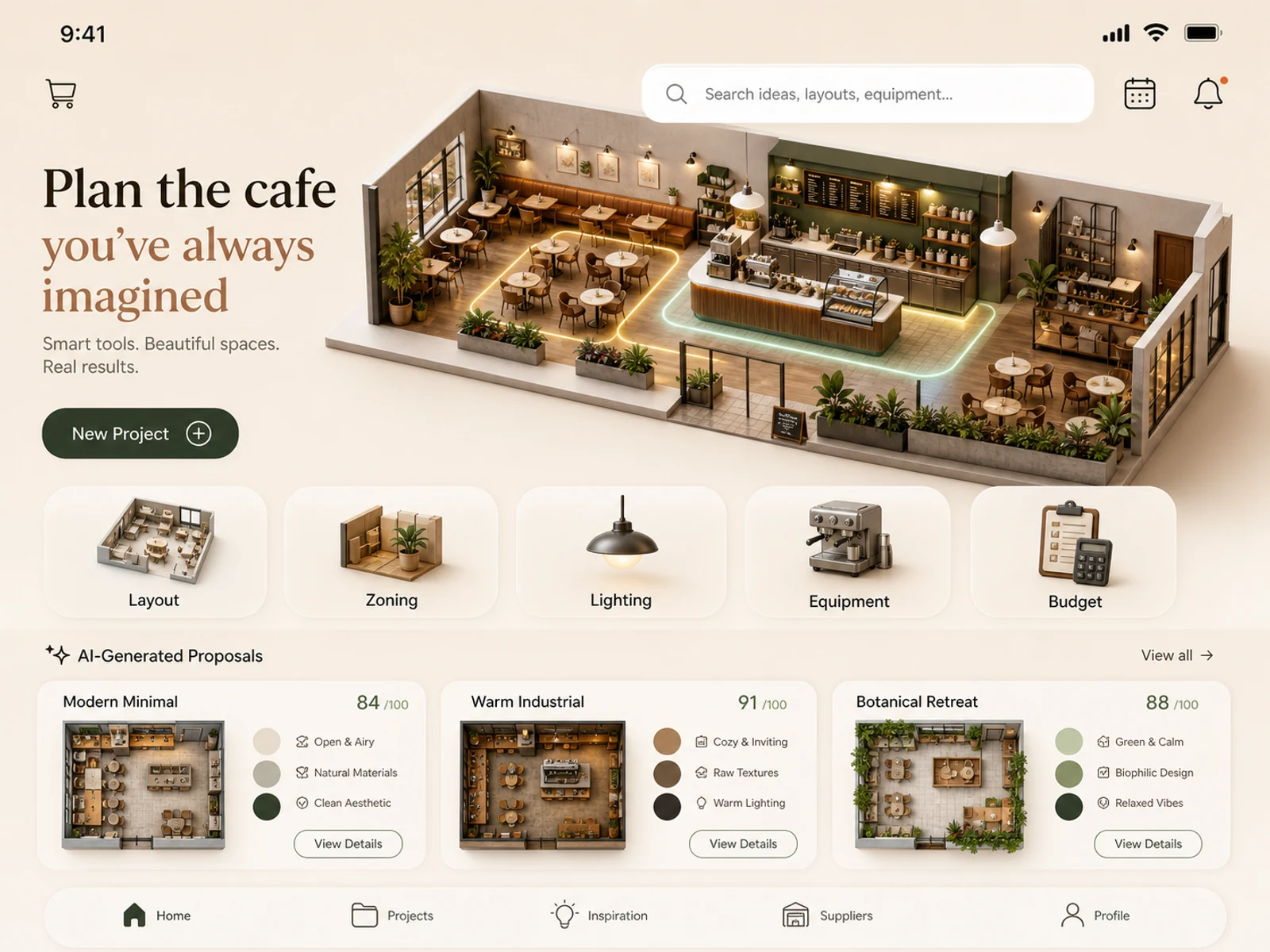 Cafe planning app interface generated by Video Studio AI with Seedream 5.0 Lite