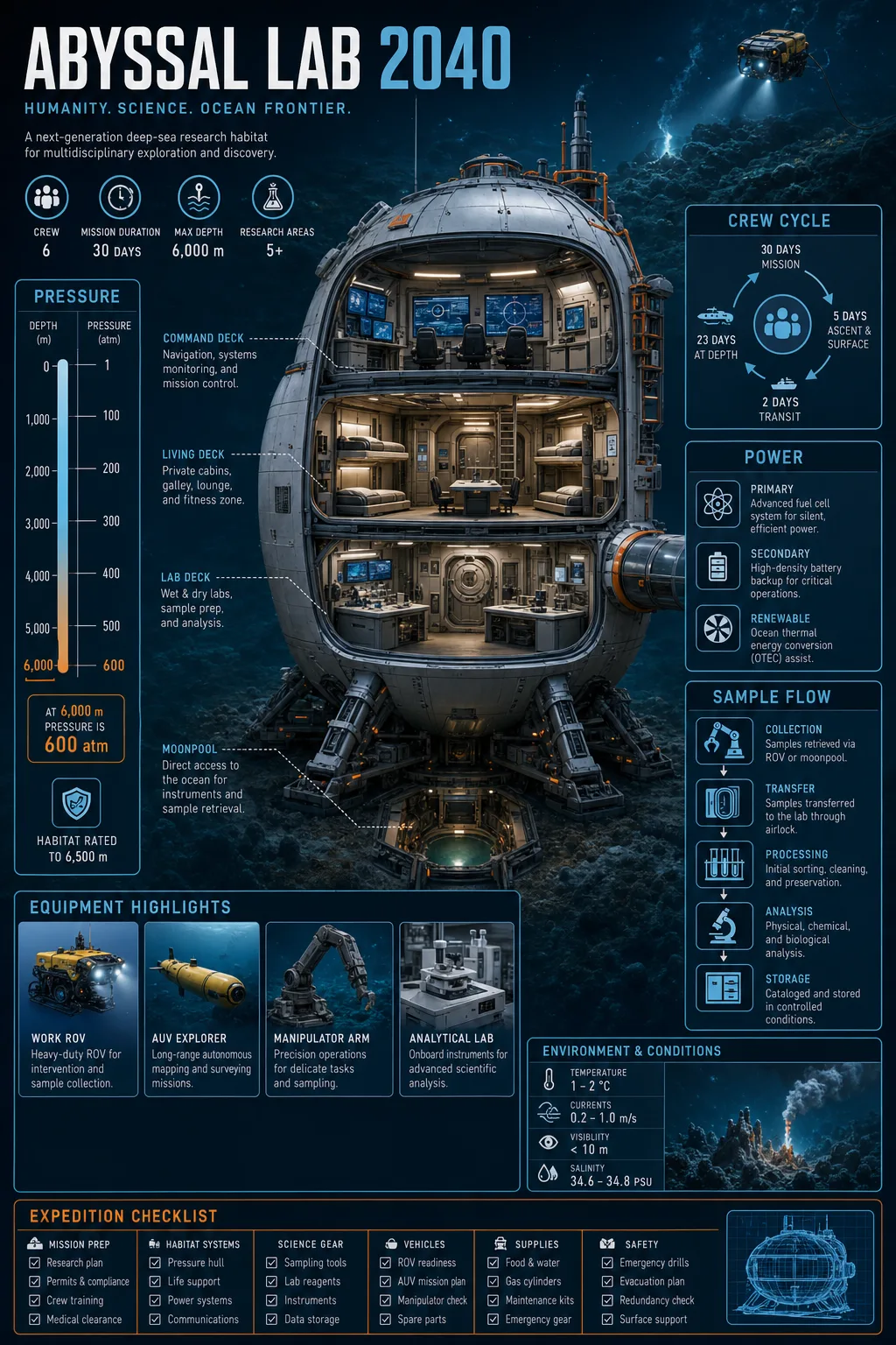 Deep-sea research habitat infographic with cutaway and data panels