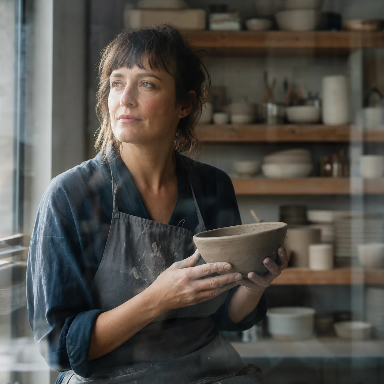 Editorial portrait of a ceramic artist in a studio with natural light