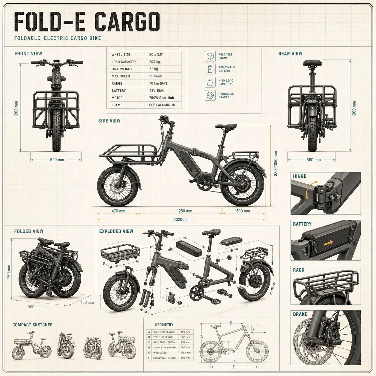 Foldable electric cargo bike blueprint with component drawings
