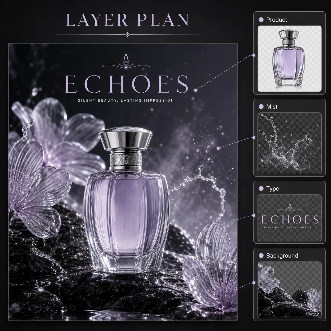 Perfume campaign layer plan with product, mist, type, and background cards
