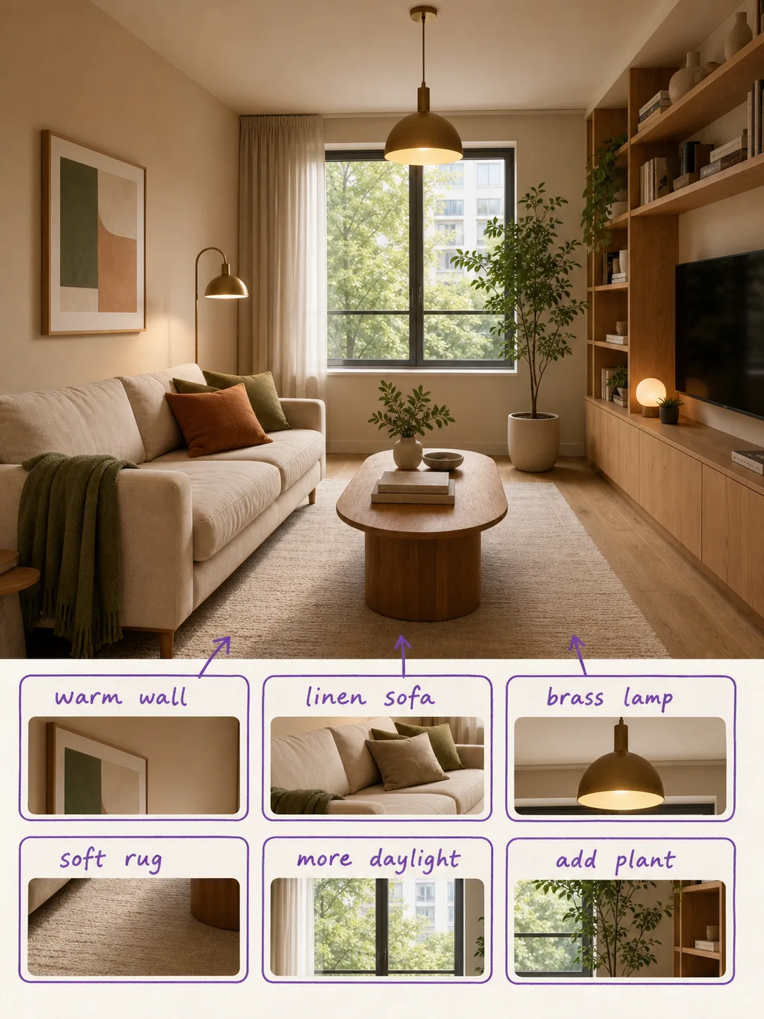 Living-room edit plan with annotation cards for material and lighting changes