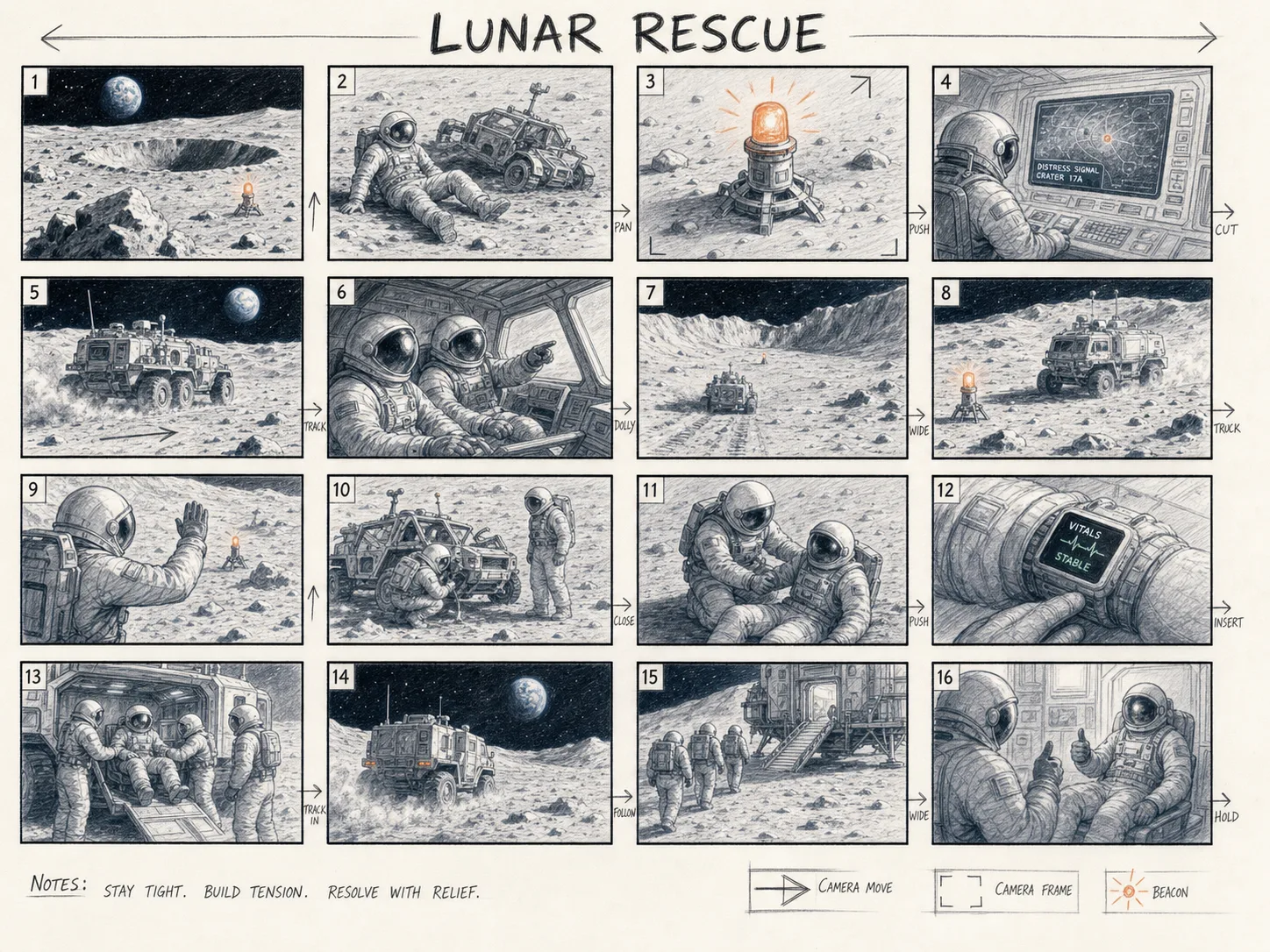 Lunar rescue storyboard arranged as a sixteen-panel production sheet