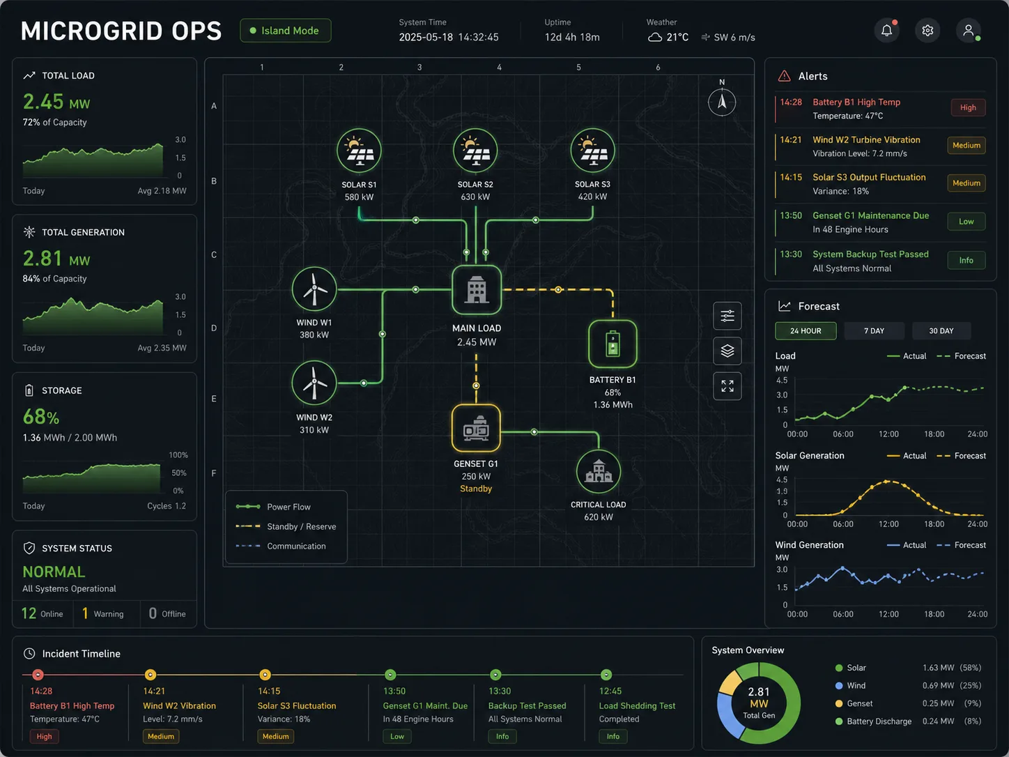 Renewable microgrid operations dashboard with charts and alerts
