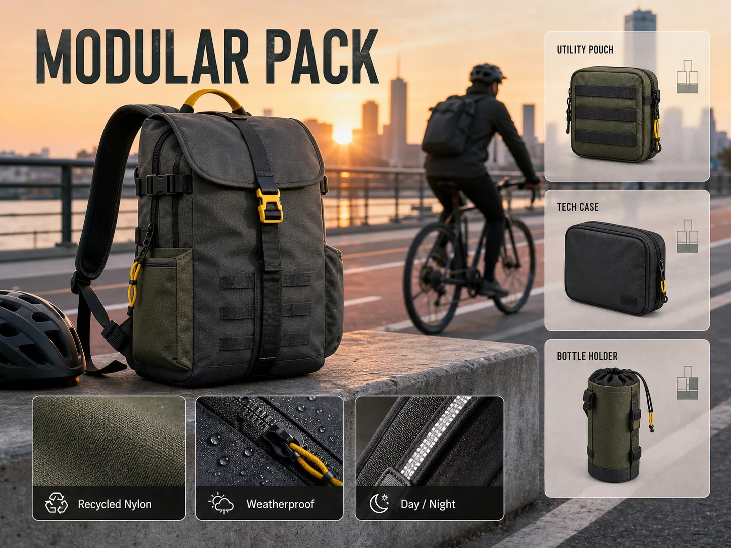 Modular backpack campaign board with accessories and material callouts