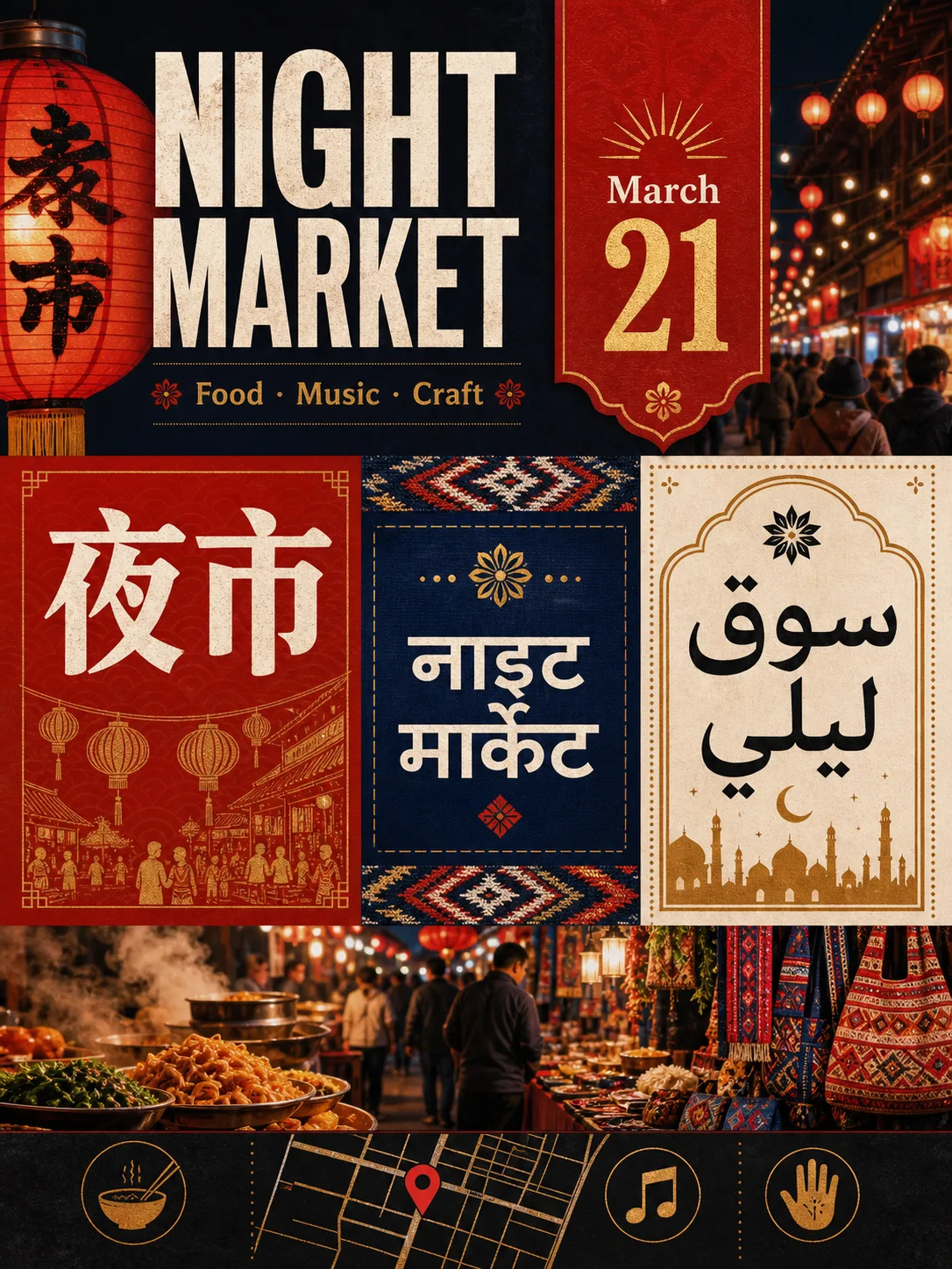 Multilingual night-market poster with localized text blocks