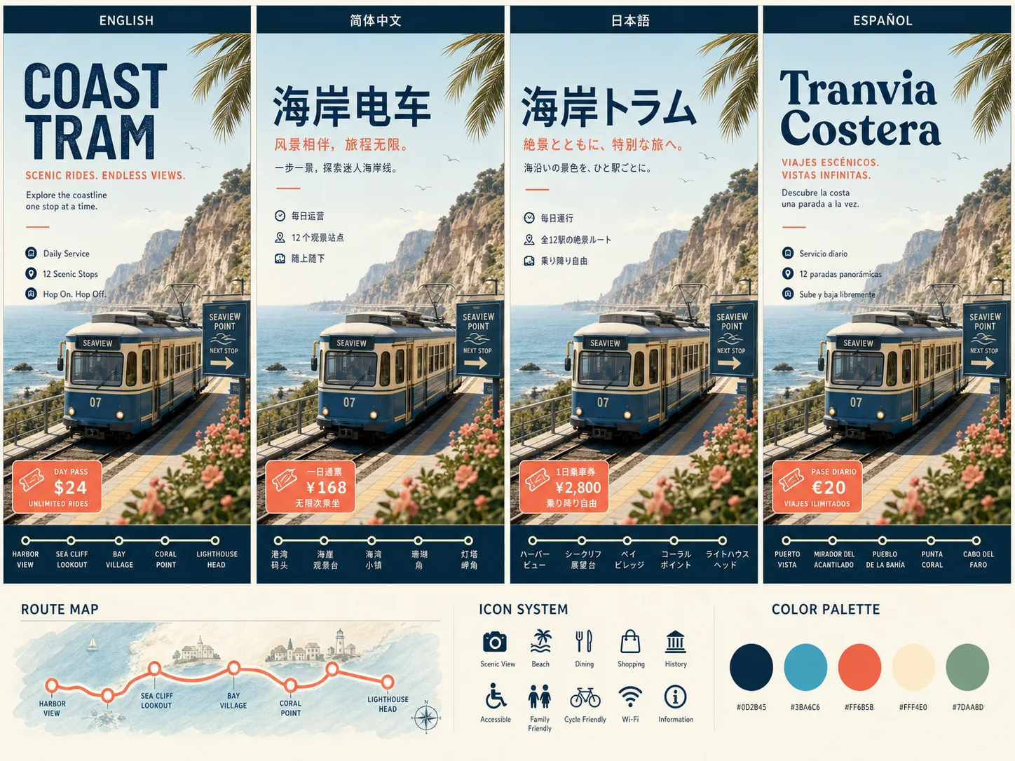 Coastal tram travel campaign localized into several language layouts