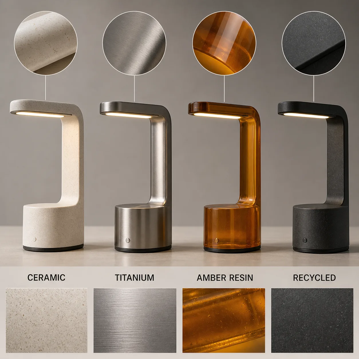 Desk lamp material comparison with ceramic, titanium, amber resin, and recycled plastic variants