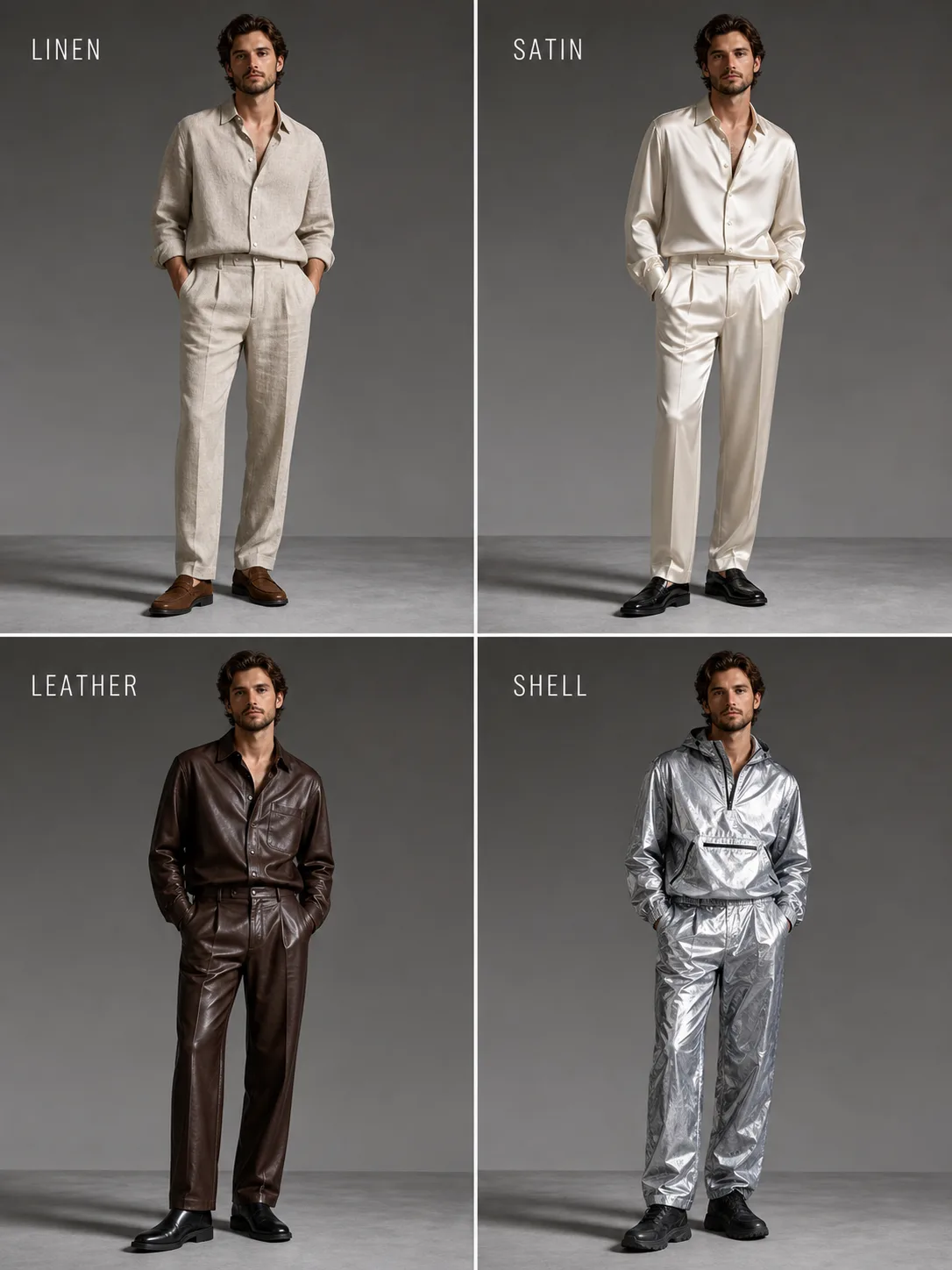 Fashion lookbook grid preserving the same model across material variations