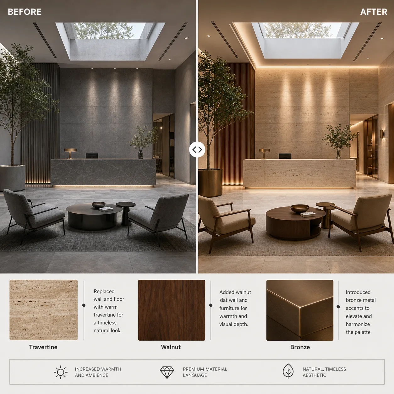Boutique hotel lobby before-and-after board with material swatches