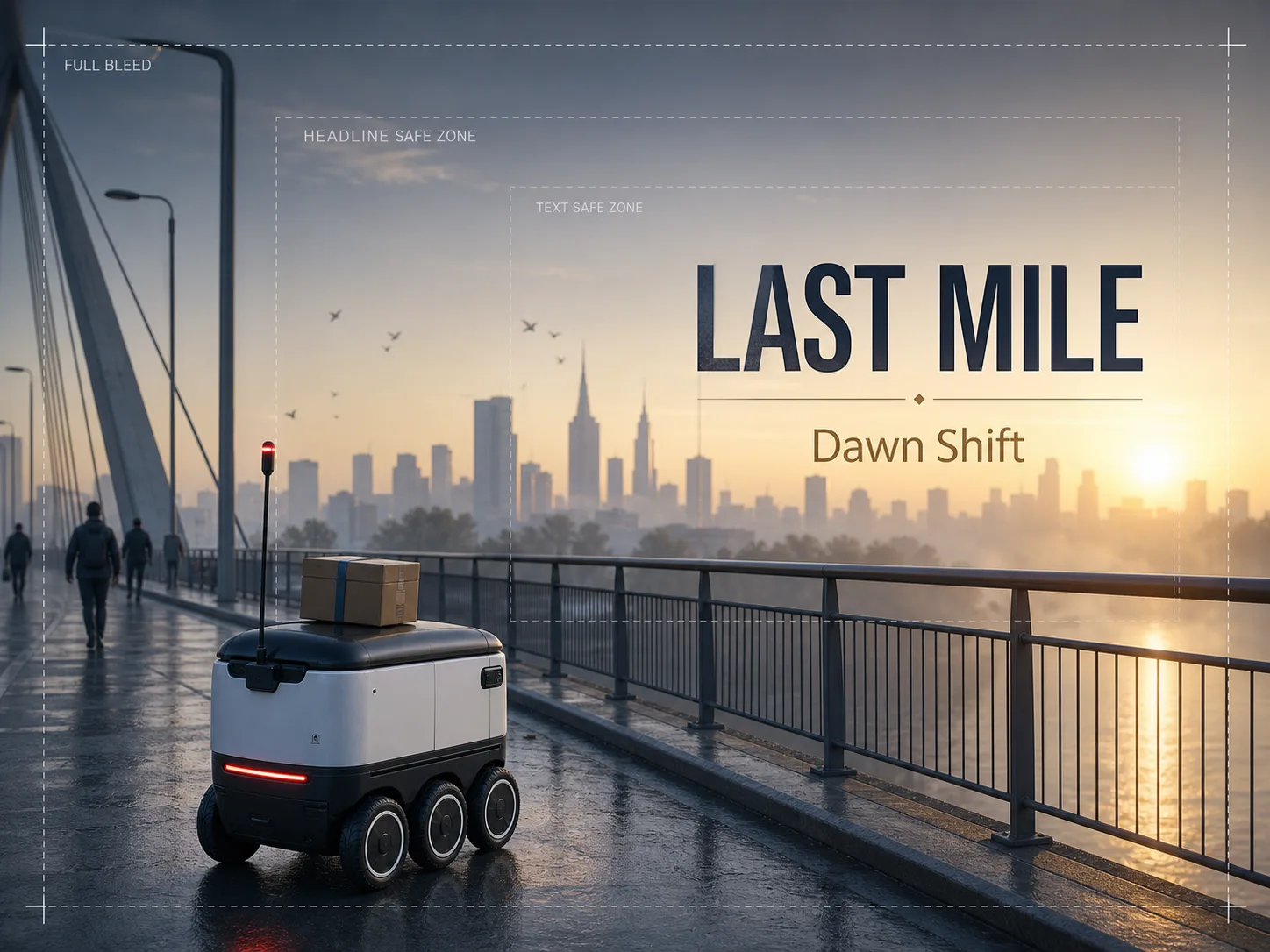 Cinematic last-mile delivery robot key art at dawn