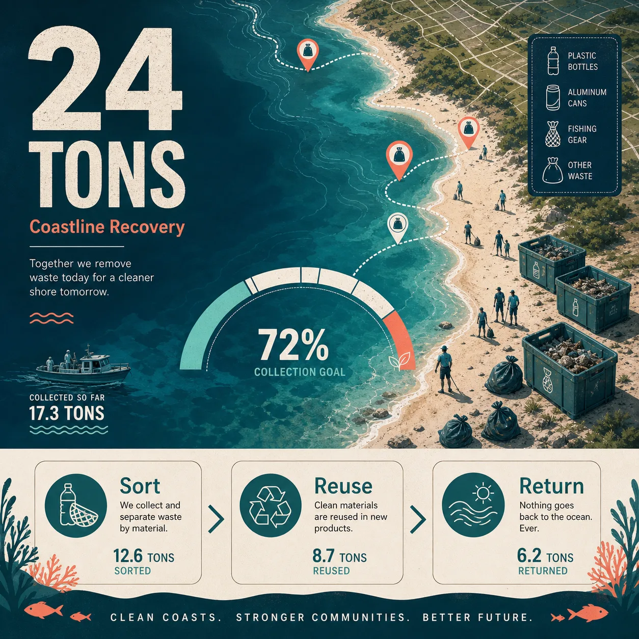 Ocean clean-up campaign data visual with map and impact cards