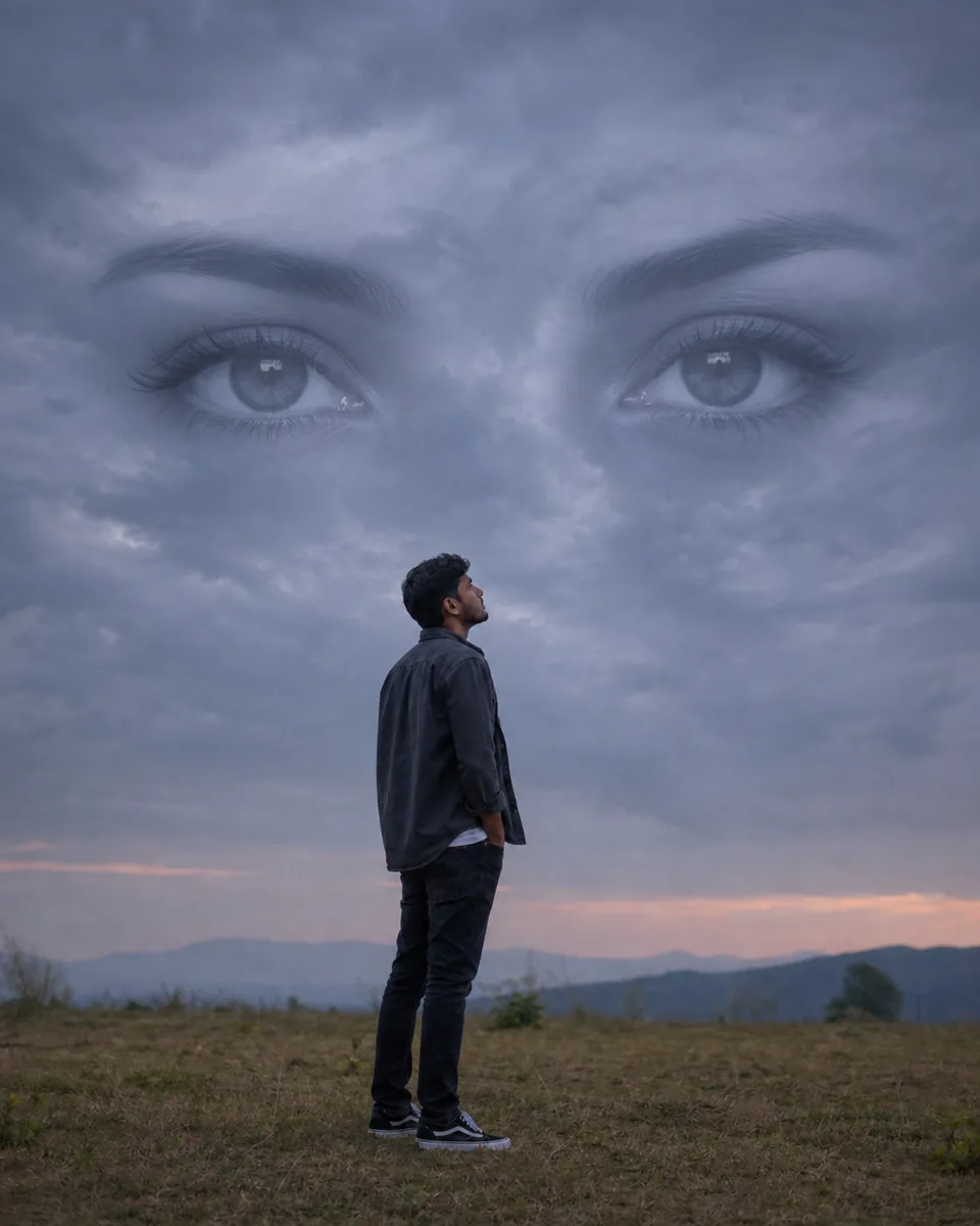 Retrato después de aplicar el prompt Sky Eye, con un par de ojos integrados en las nubes