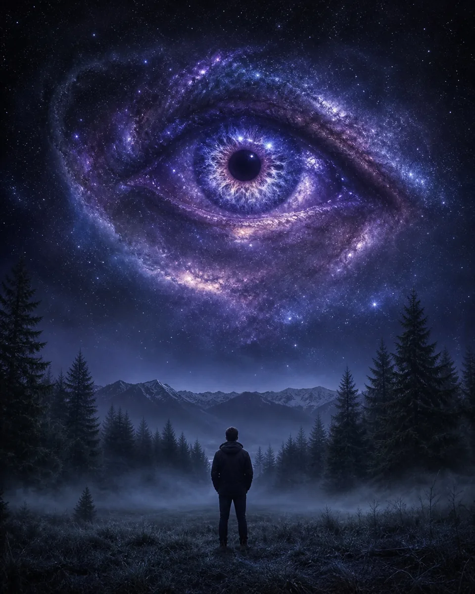 Einsame Person in einem Wald unter einem riesigen Auge aus einer Spiralgalaxie