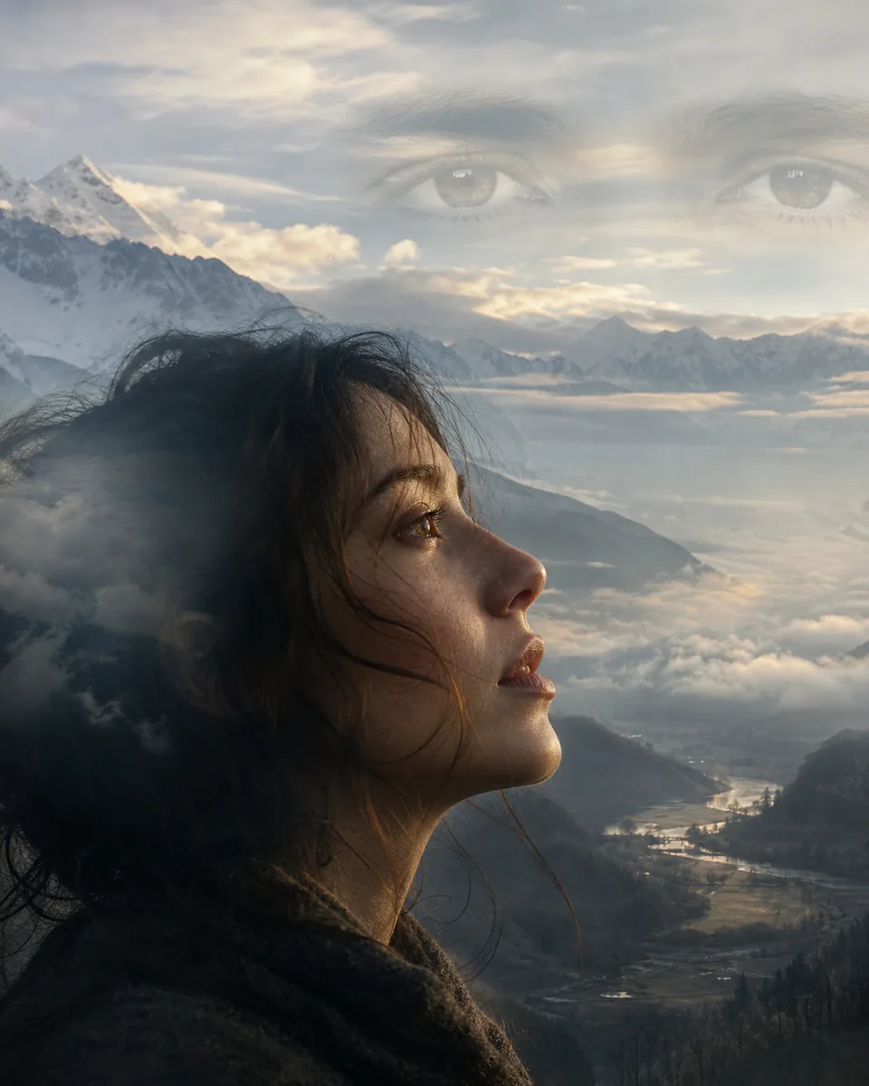 Profilporträt, das mit Bergen und zarten Augen in den Morgenwolken verschmilzt