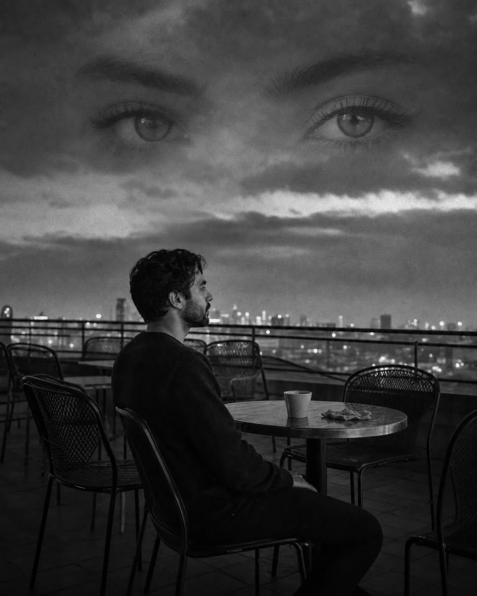 Schwarz-Weiß-Porträt eines Mannes auf einer Dachterrasse unter Augen am bewölkten Himmel