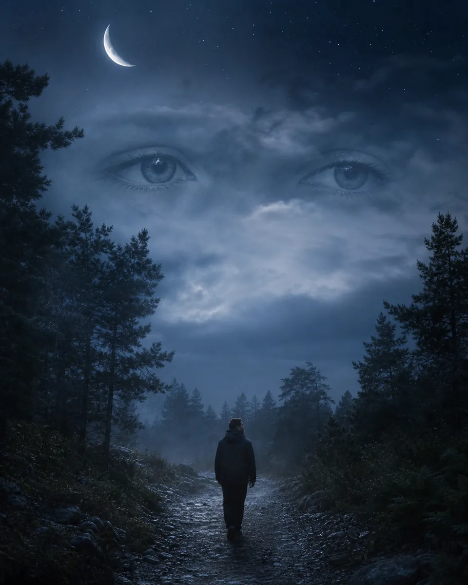 Person wandert durch einen mondbeschienenen Wald unter sanften Augen in den Wolken