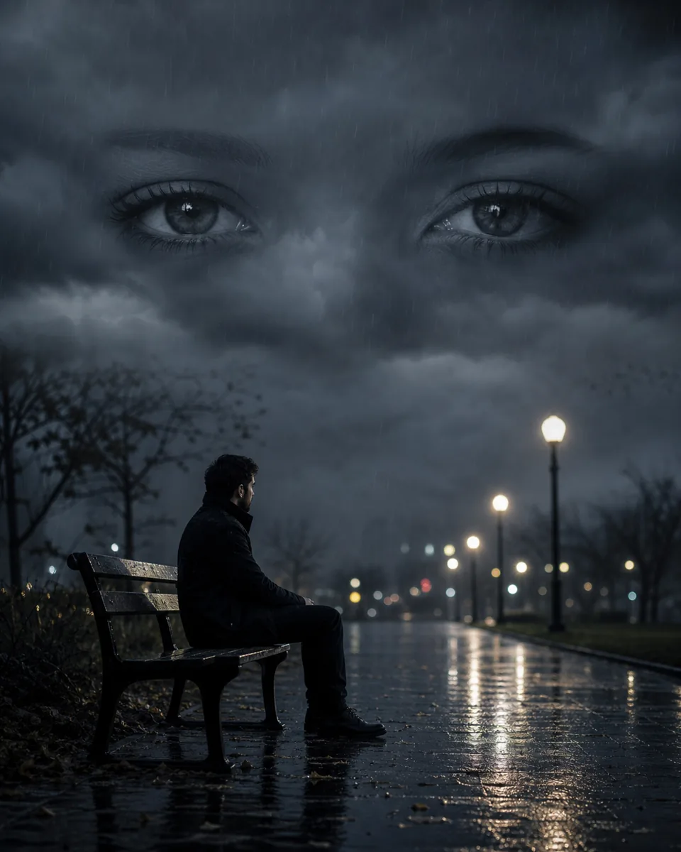 Mann sitzt allein auf einer regennassen Parkbank unter Augen in dunklen Sturmwolken