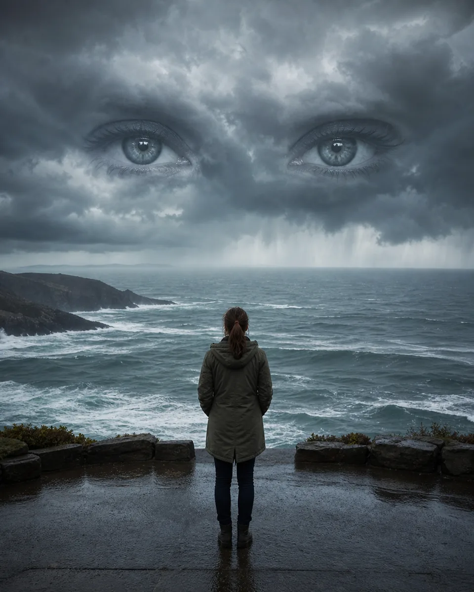 Frau blickt auf ein stürmisches Meer unter Augen, die aus Regenwolken hervortreten