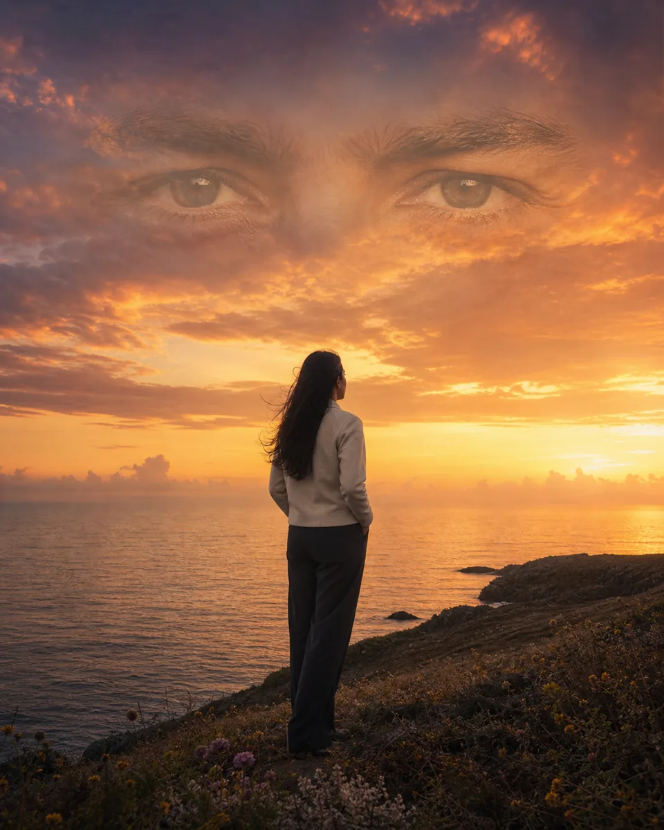 Frau mit Blick aufs Meer unter sanften Augen in warmen Abendwolken