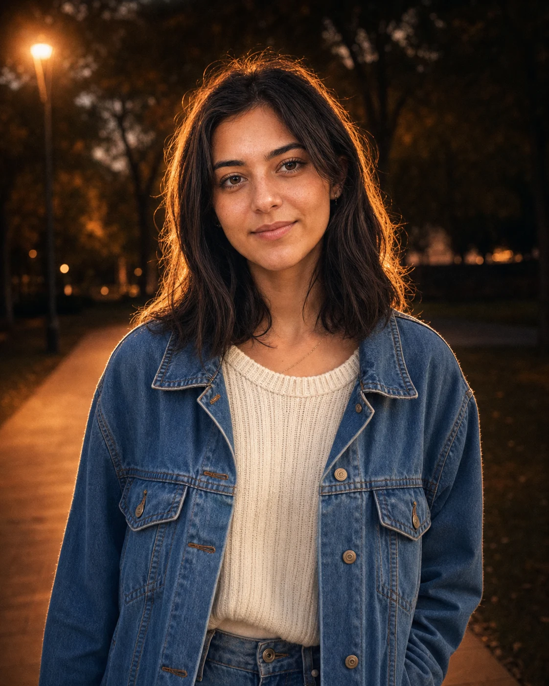 Lofi Dusk Filter portrait with rim light, warm flash, and film grain — generated by Video Studio AI